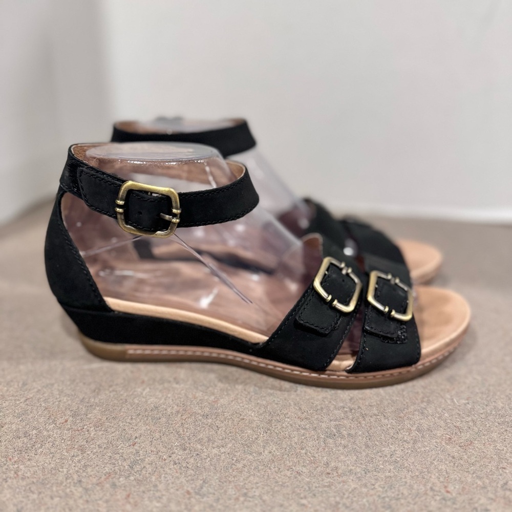 Dansko Black Suede Wedge Sandals with Gold Buckles